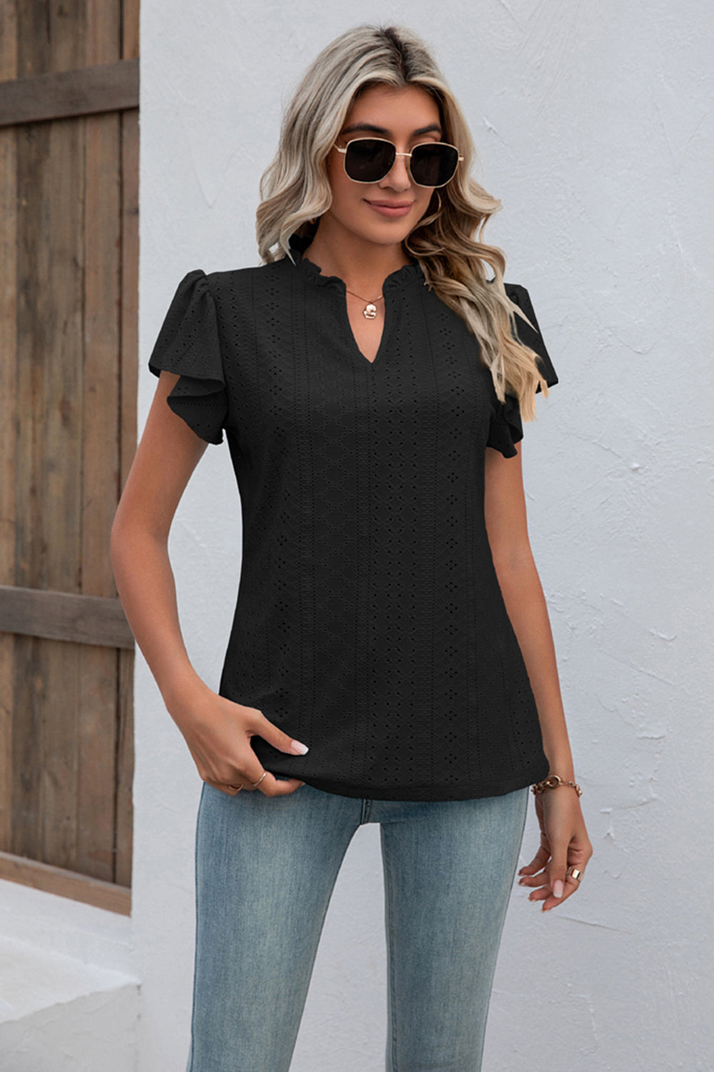 Full Size Eyelet Notched Neck Flutter Sleeve Top