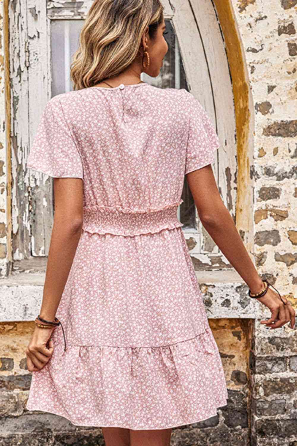 Women's Cressida Pink Printed Smocked V-Neck Tiered Dress