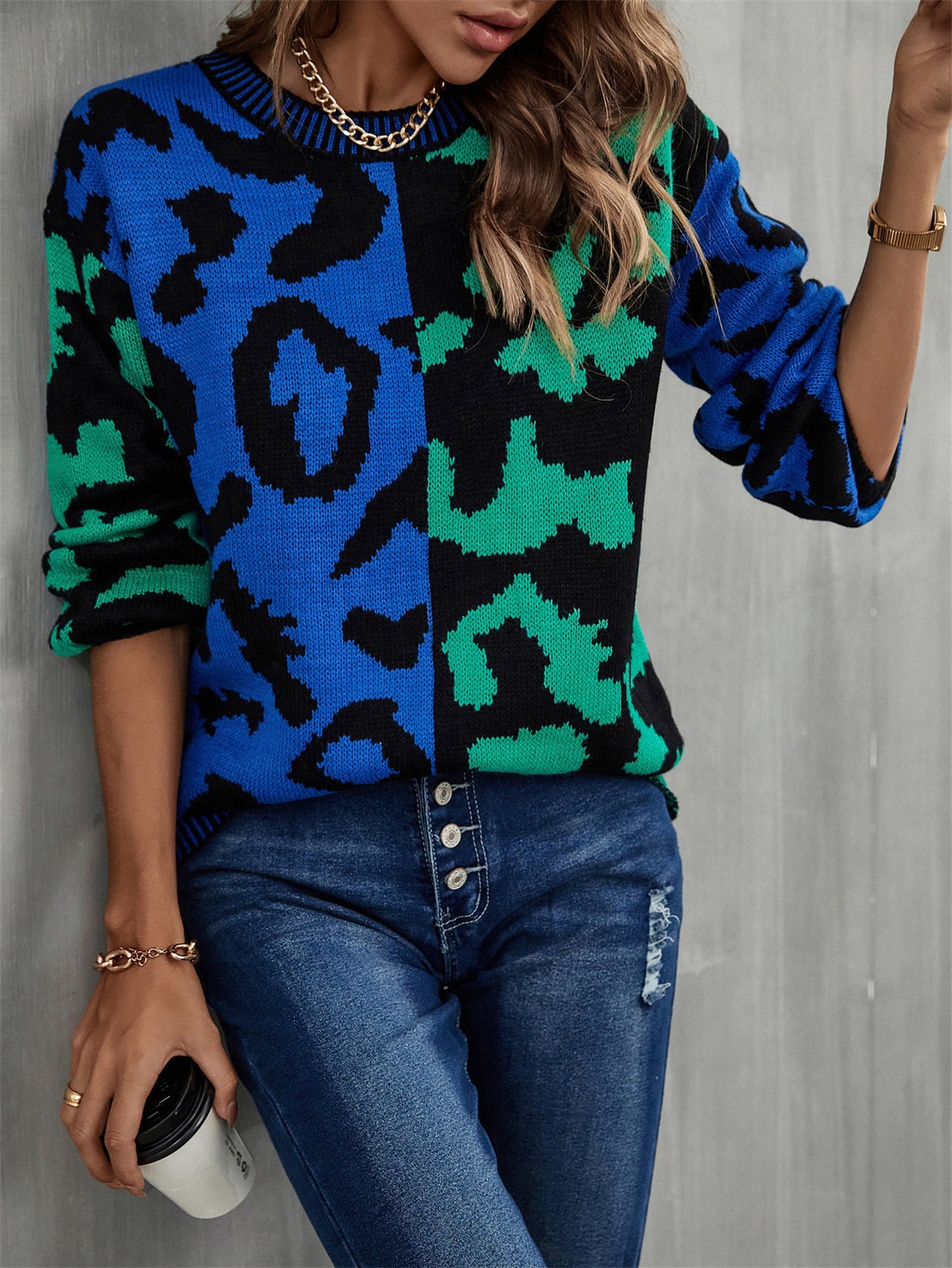 Round Neck Contrast Color Dropped Shoulder Sweater