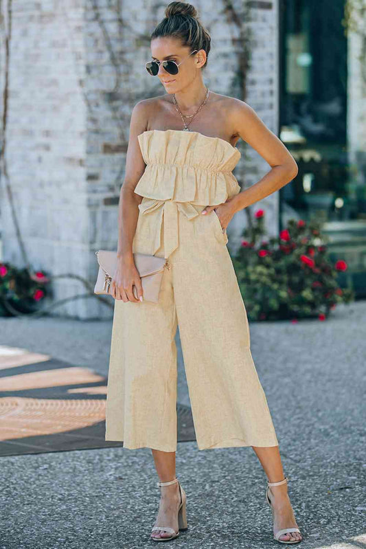 Beige Ruffled Strapless Wide Leg Jumpsuit