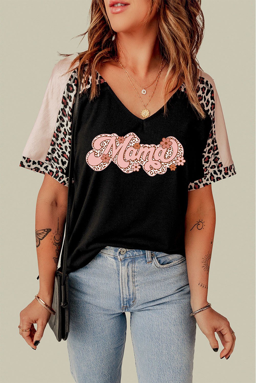 Women's Full Size MAMA Graphic Leopard V-Neck Tee Shirt