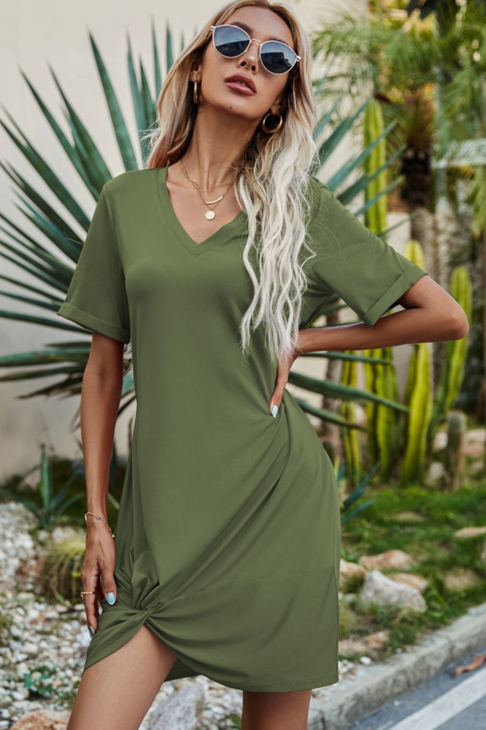 Women's Twisted V-Neck Short Sleeve Dress