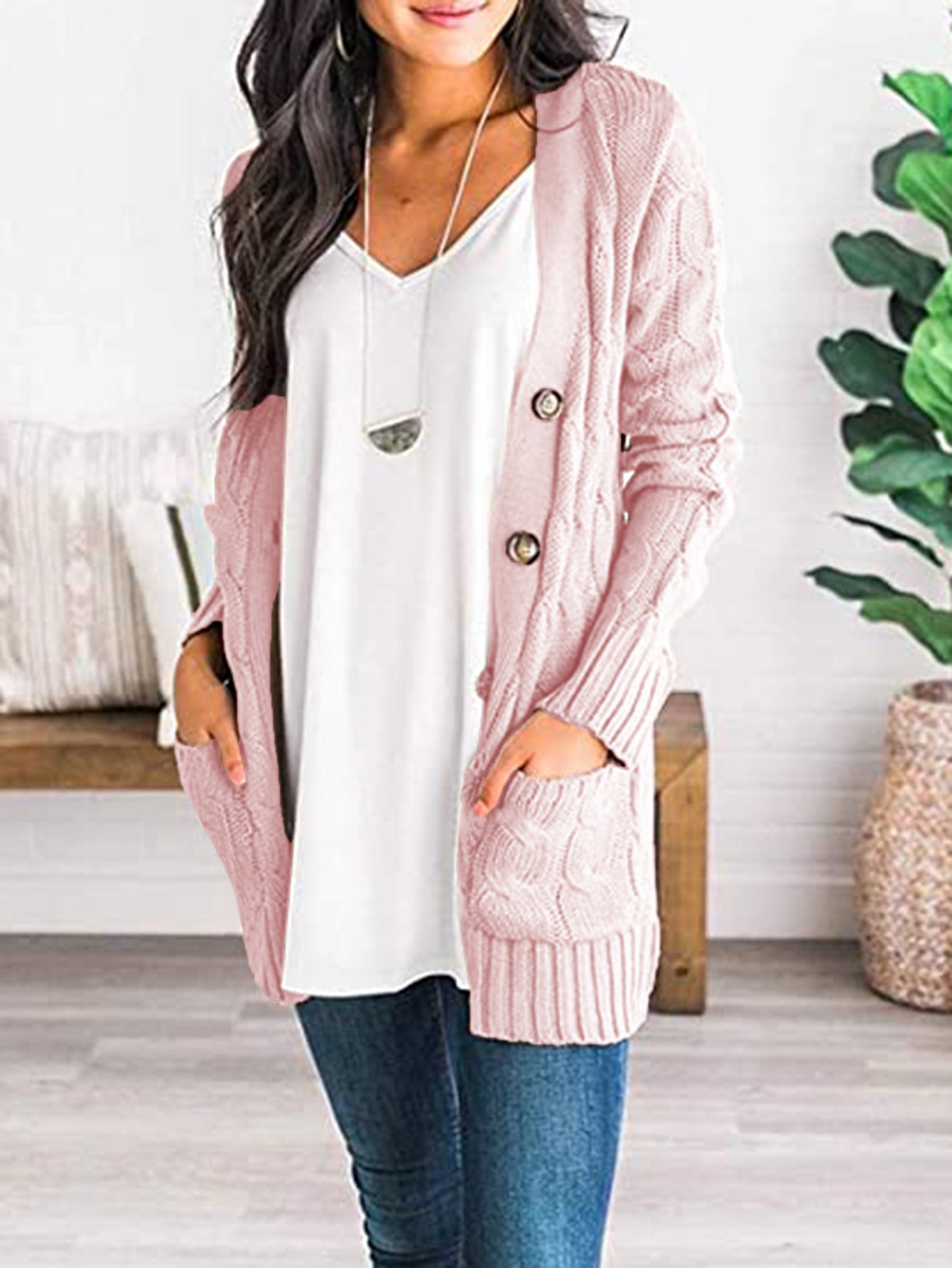 SavannahTree Cable-Knit Buttoned Cardigan with Pockets