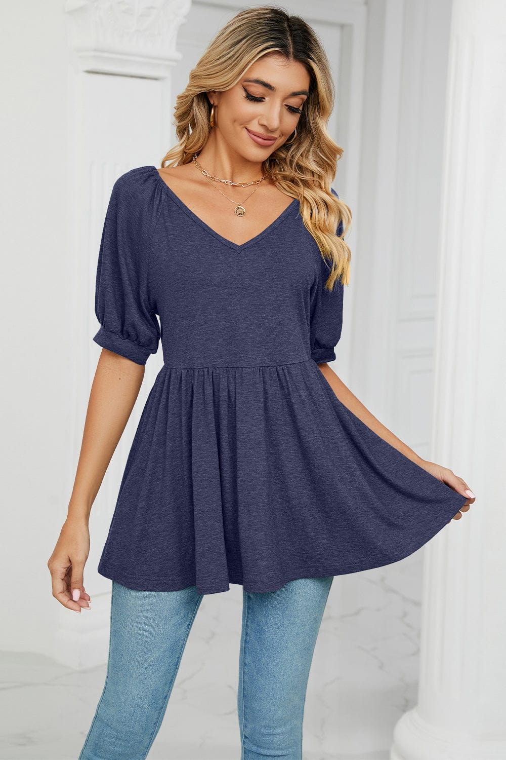 Full Size V-Neck Babydoll Top