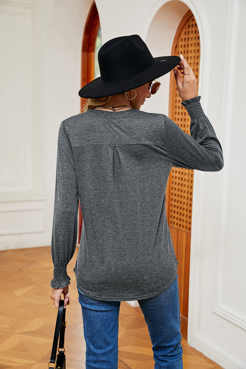 Full Size Notched Neck Long Sleeve Blouse