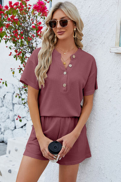 Adryane Jay Notched Button Detail Dropped Shoulder Top and Shorts Set