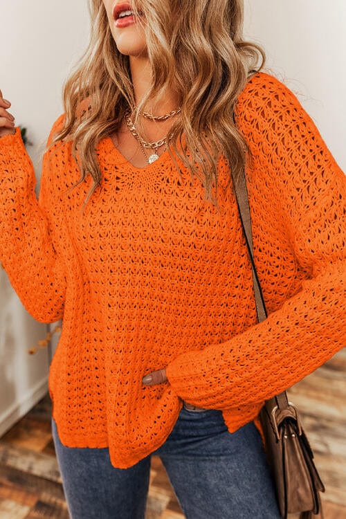 LoversLane Openwork Round Neck Long Sleeve Sweater