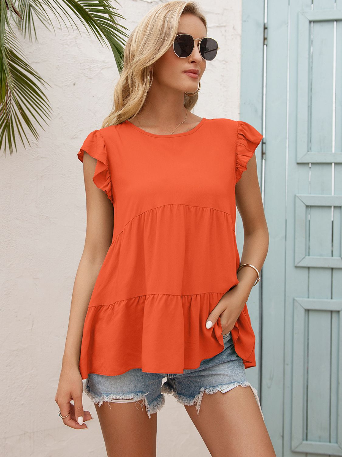 Women's Round Neck Flutter Sleeve Tiered Blouse