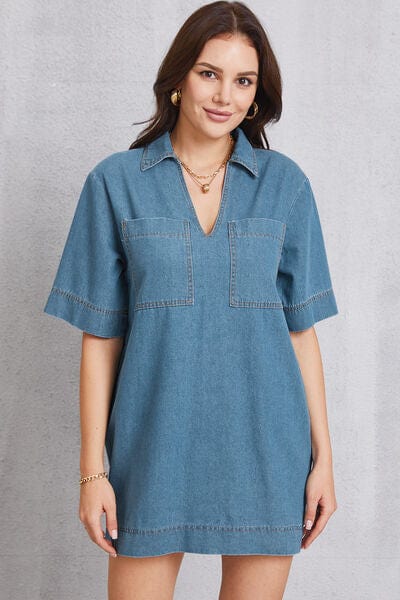 Larissa Bea Pocketed Collared Neck Mini Denim Dress