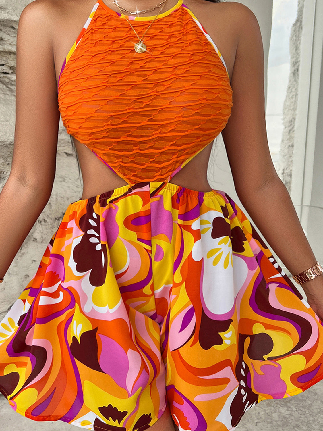 Orange Sleeveless Cutout Printed Mini Dress