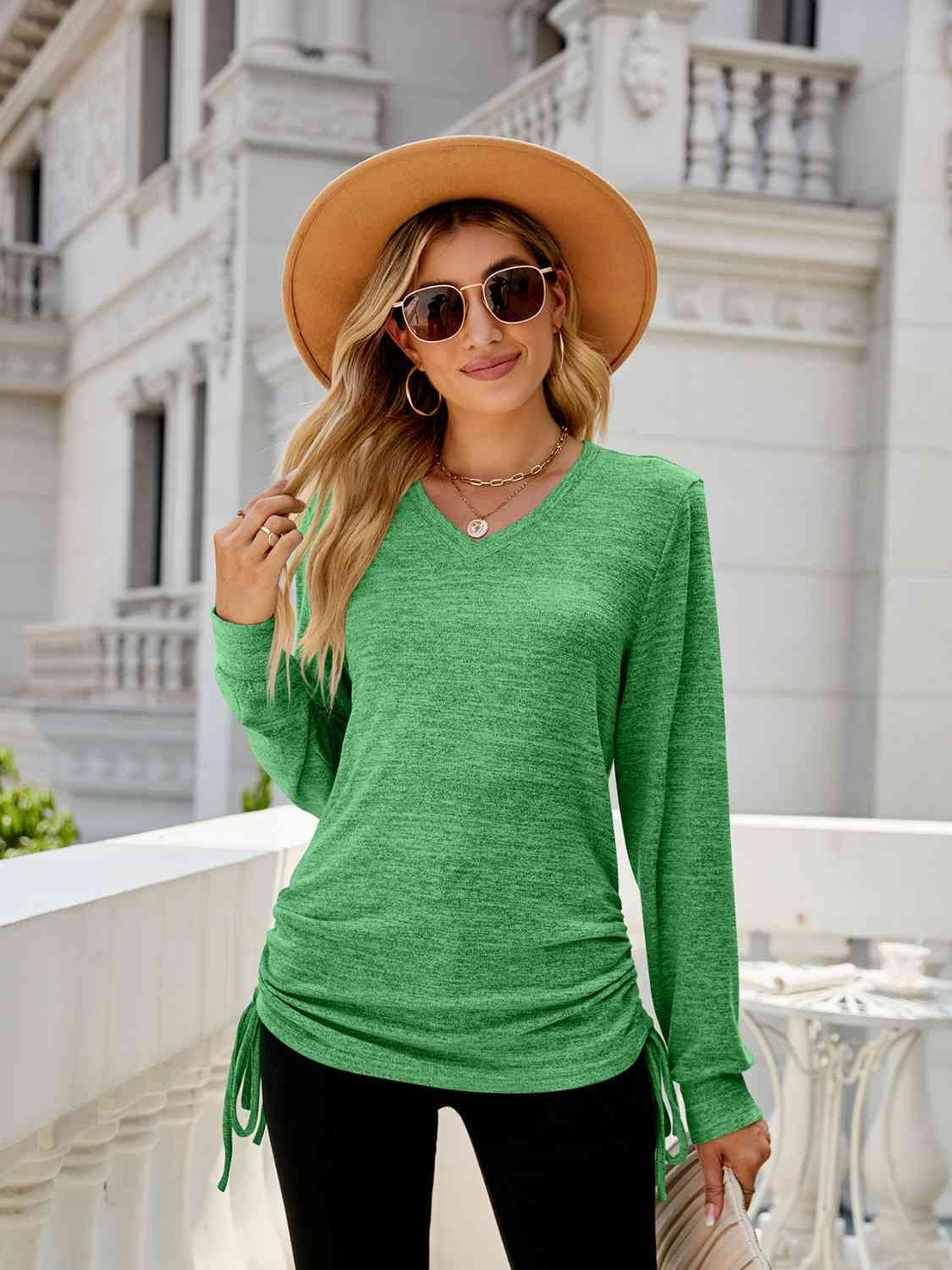 Full Size Drawstring V-Neck Long Sleeve T-Shirt