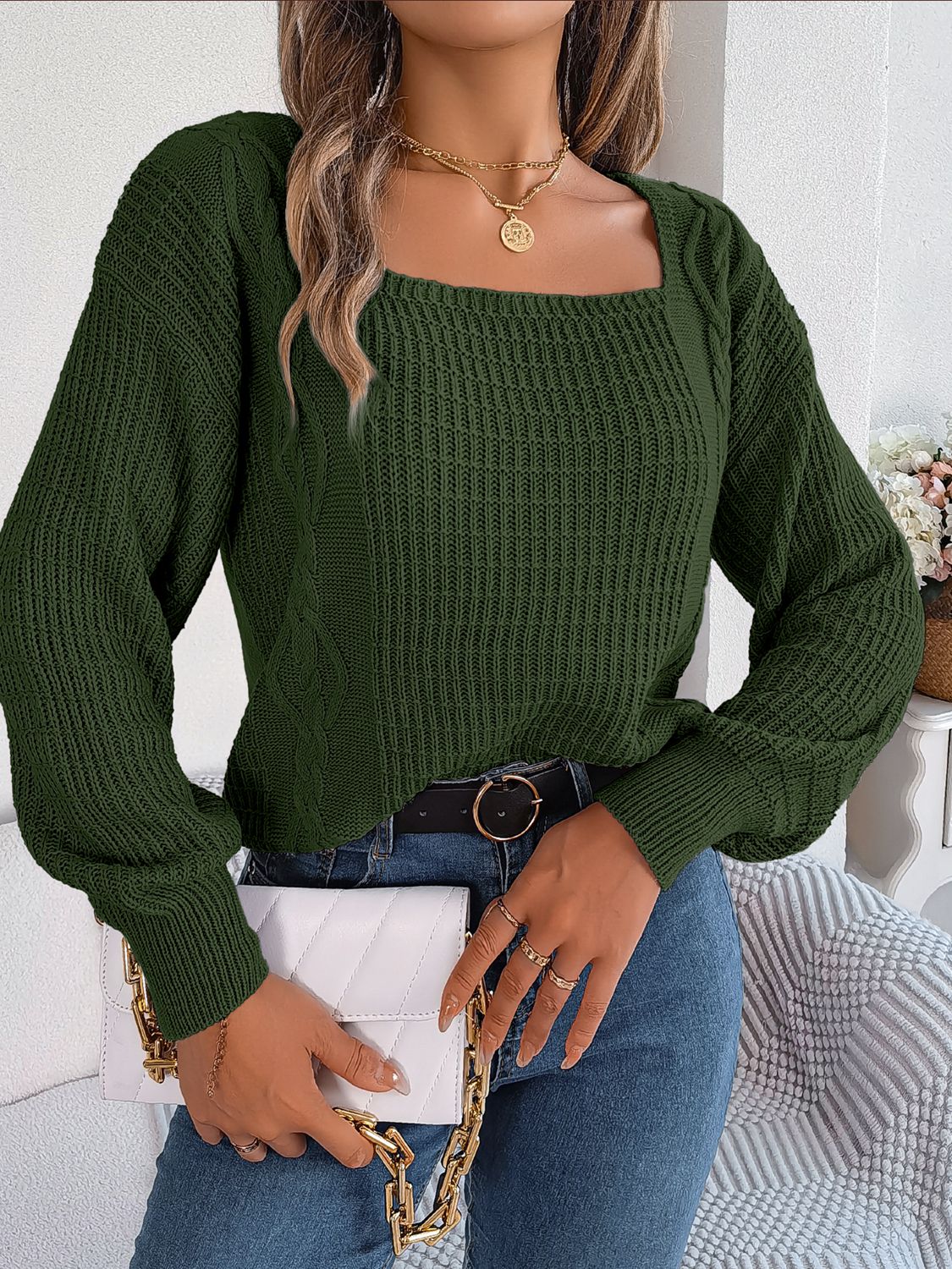Chic Babe' Square Neck Mixed Knit Sweater 🦋