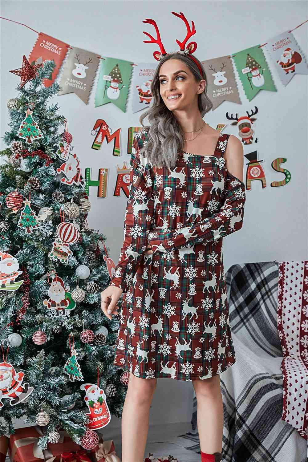 Christmas Asymmetrical Neck Long Sleeve Mini Dress