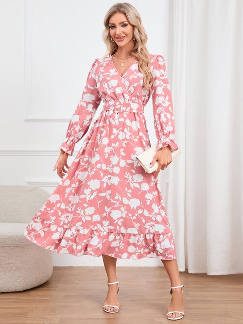 H.Y.G@E Attire Floral Surplice Flounce Sleeve Ruffle Hem Dress