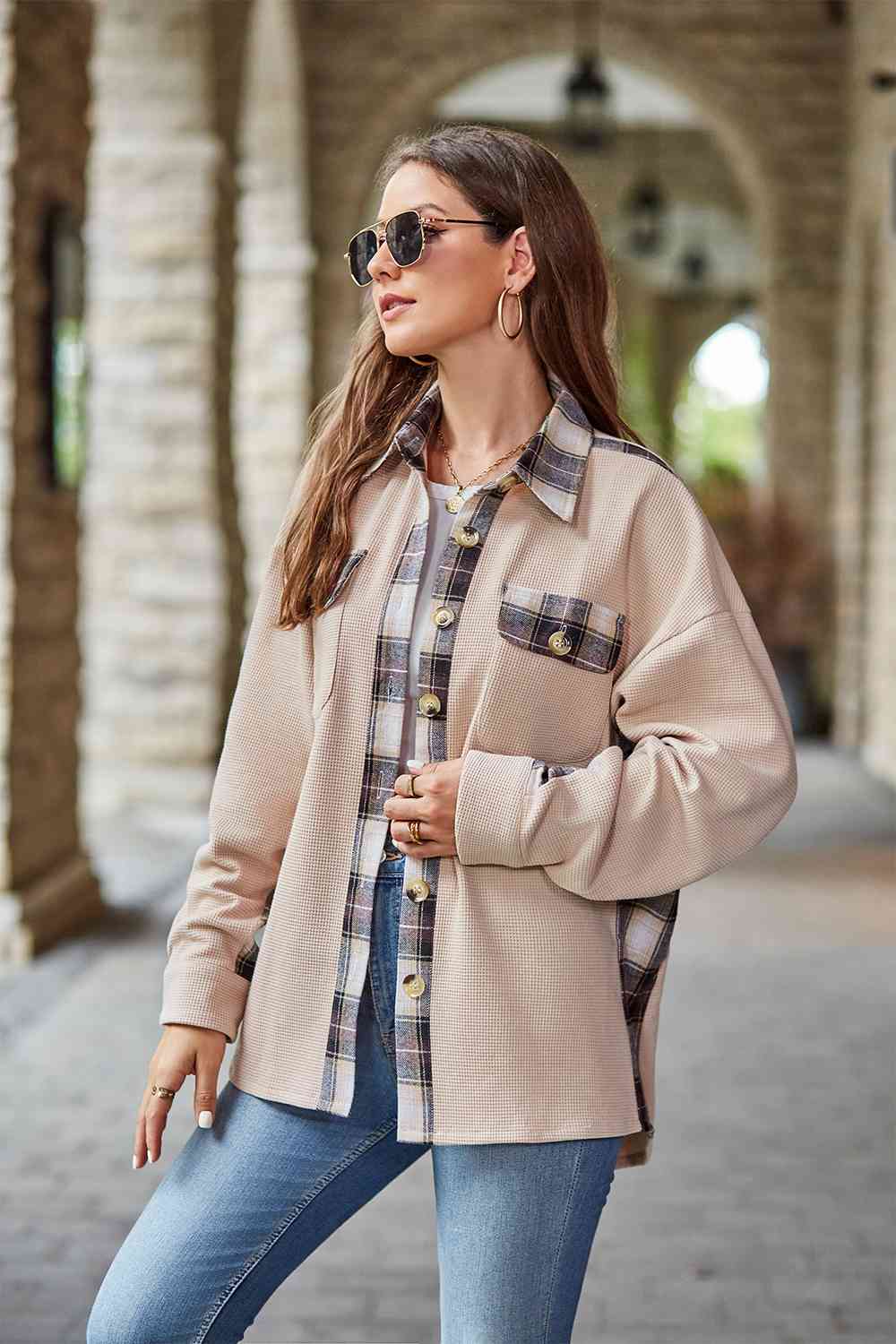 Full Size Plaid Collared Dropped Shoulder Jacket