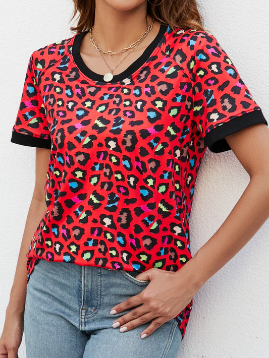 Women's Full Size Leopard Round Neck Short Sleeve Tee Shirt