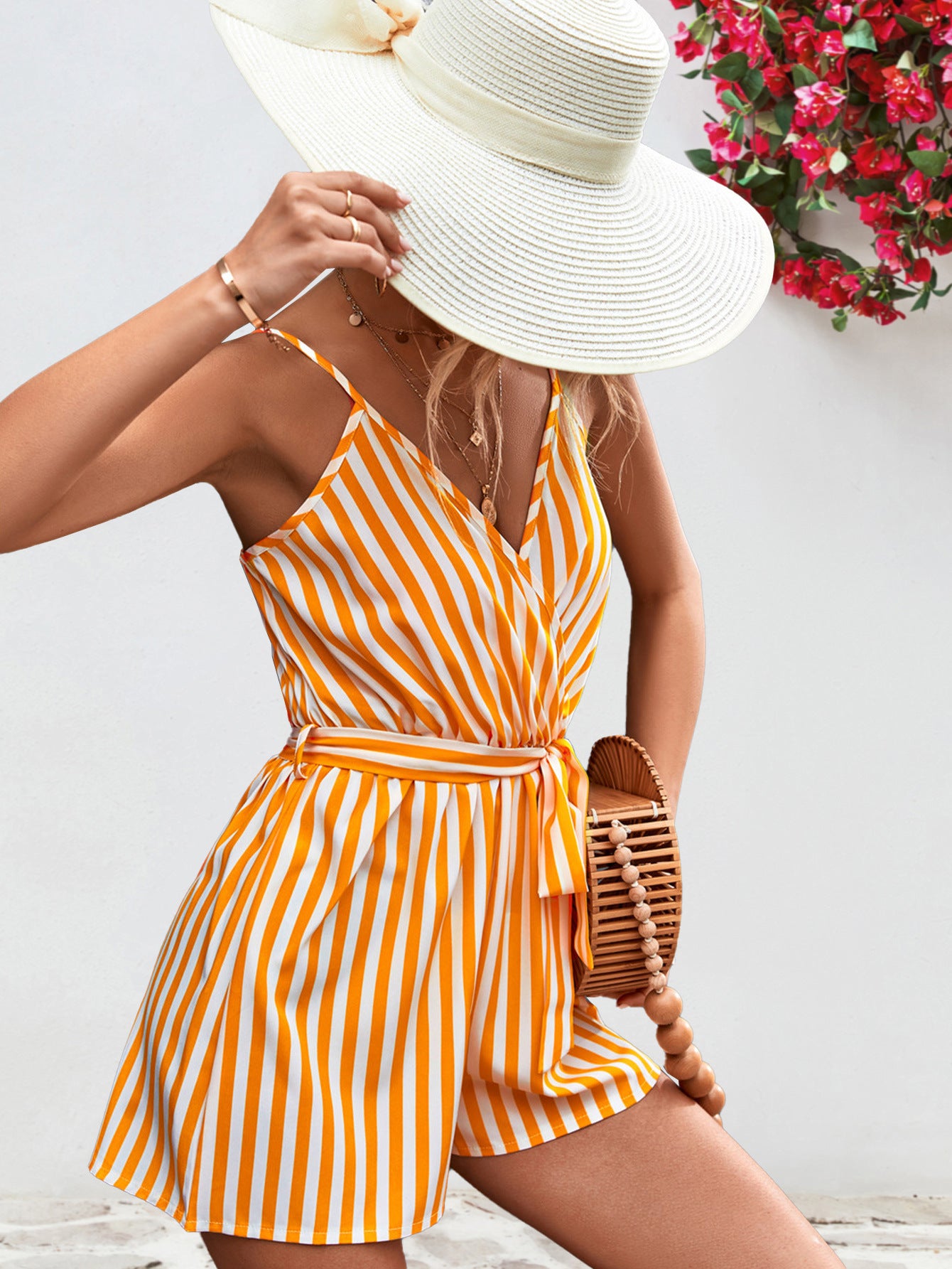 Women's Striped Tie Waist Spaghetti Strap Romper