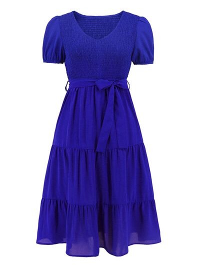 Smocked Tie Front Short Sleeve Tiered Dress