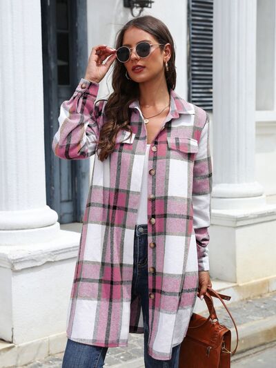 Penelope Plaid Belted Collared Neck Button Up Jacket