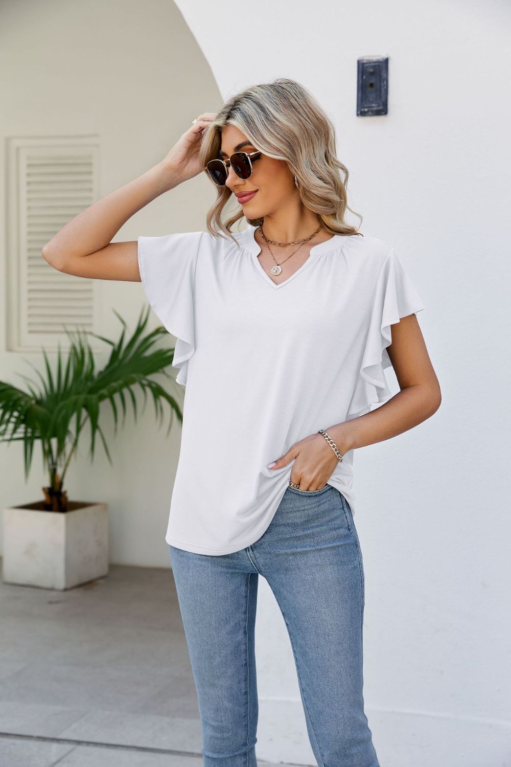 Women's JAYLEEN Full Size Notched Neck Flutter Sleeve Tee