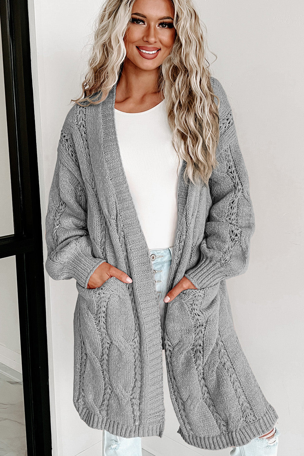 Full Size Cable-Knit Dropped Shoulder Cardigan