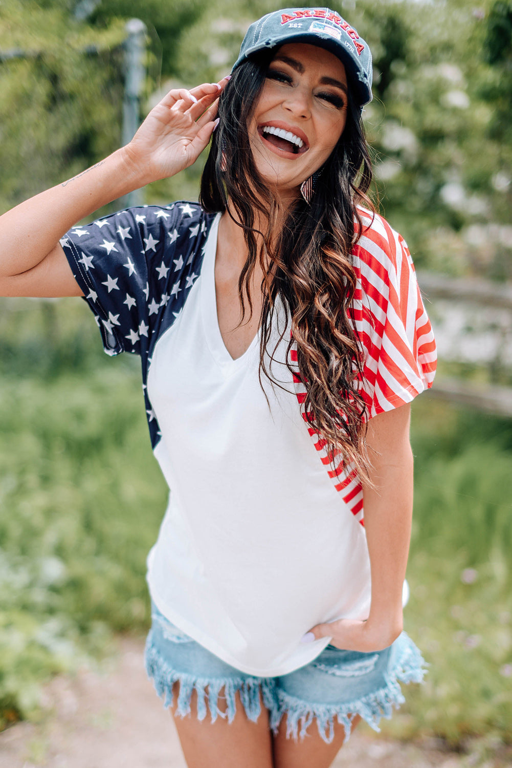 Women's Full Size US Flag Themed V-Neck Tee Shirt
