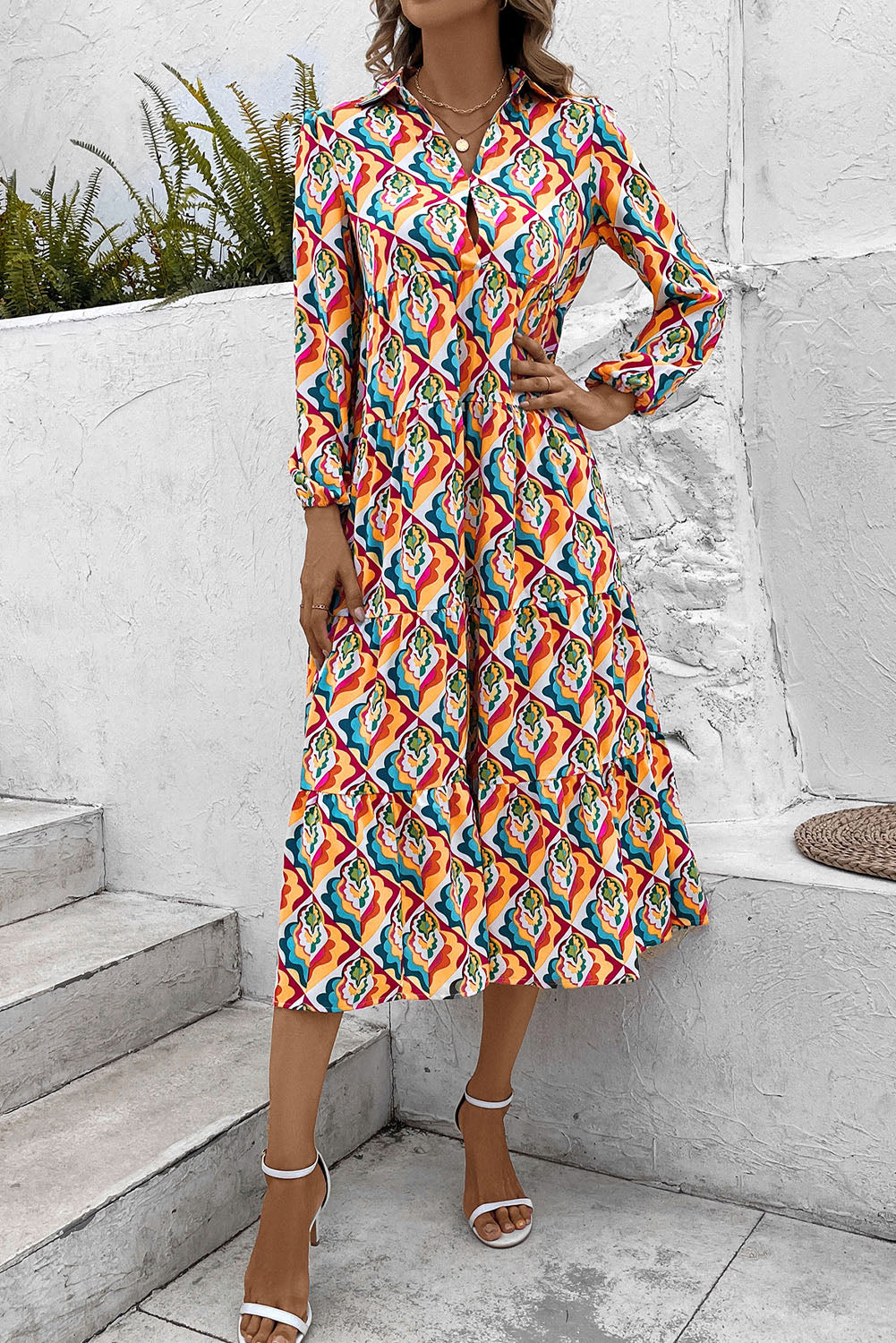 KeenLinear Printed Collared Neck Long Sleeve Dress