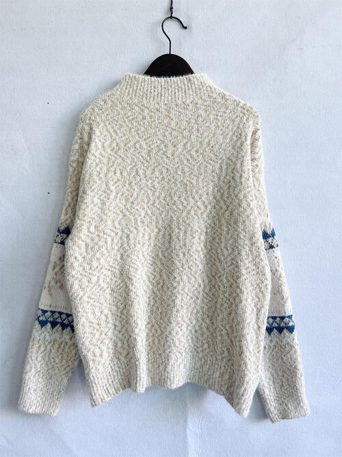 CozyWonders Geometric Mock Neck Dropped Shoulder Sweater