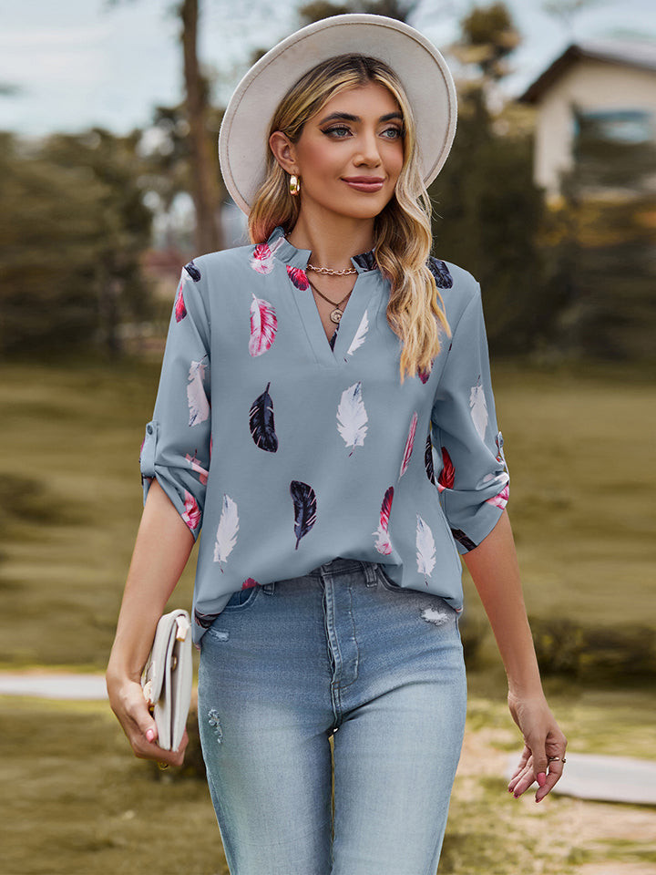 Full Size Printed Roll-Tab Sleeve Notched Neck Blouse