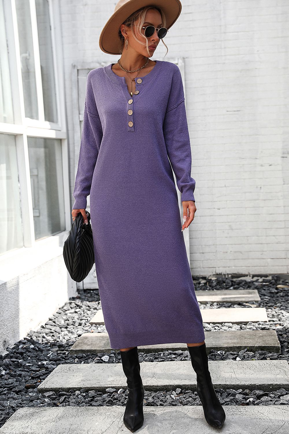 IdeationJovial Notched Neck Dropped Shoulder Button-Down Midi Dress