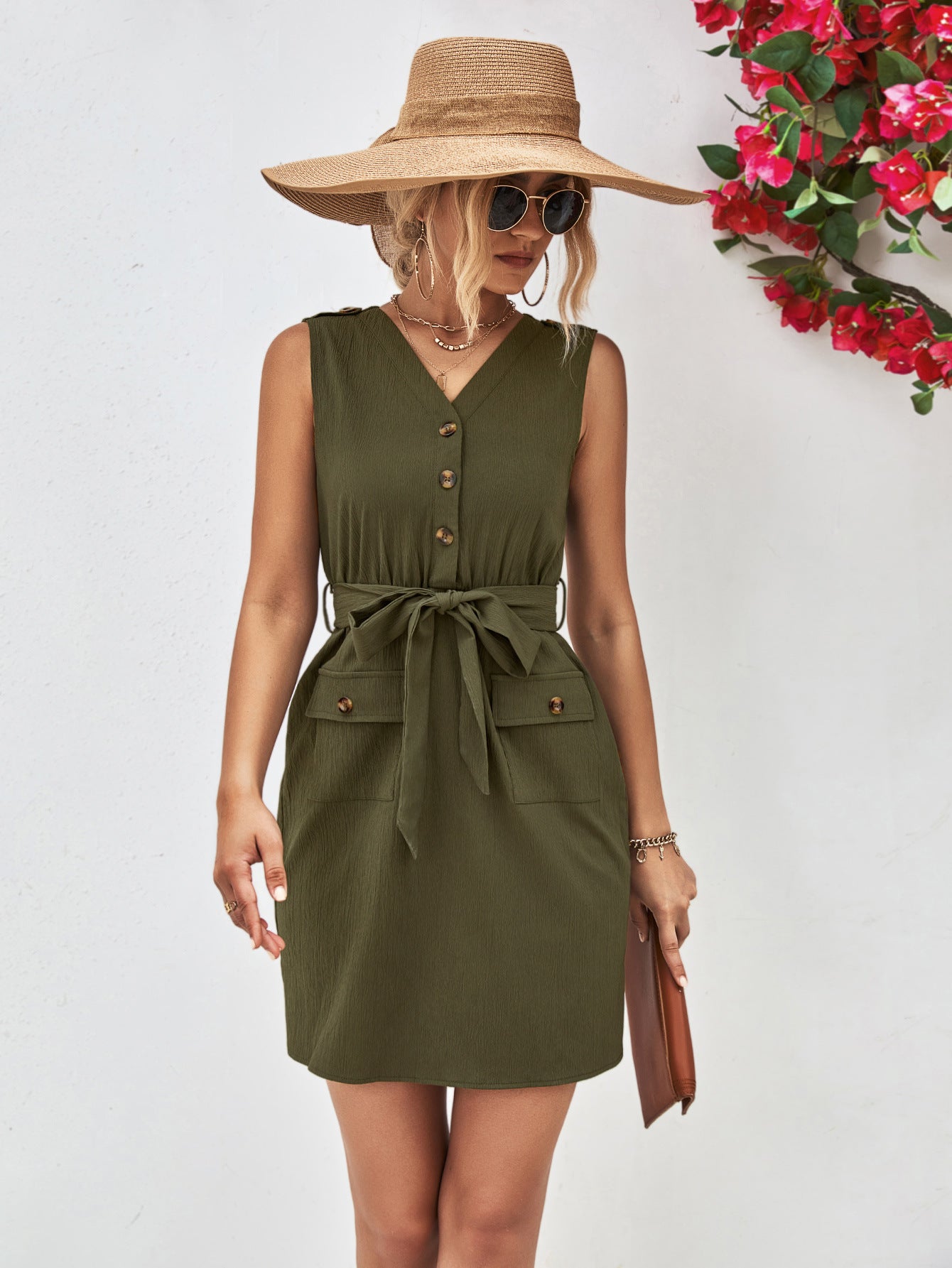 Buttoned V-Neck Belted Sleeveless Mini Dress