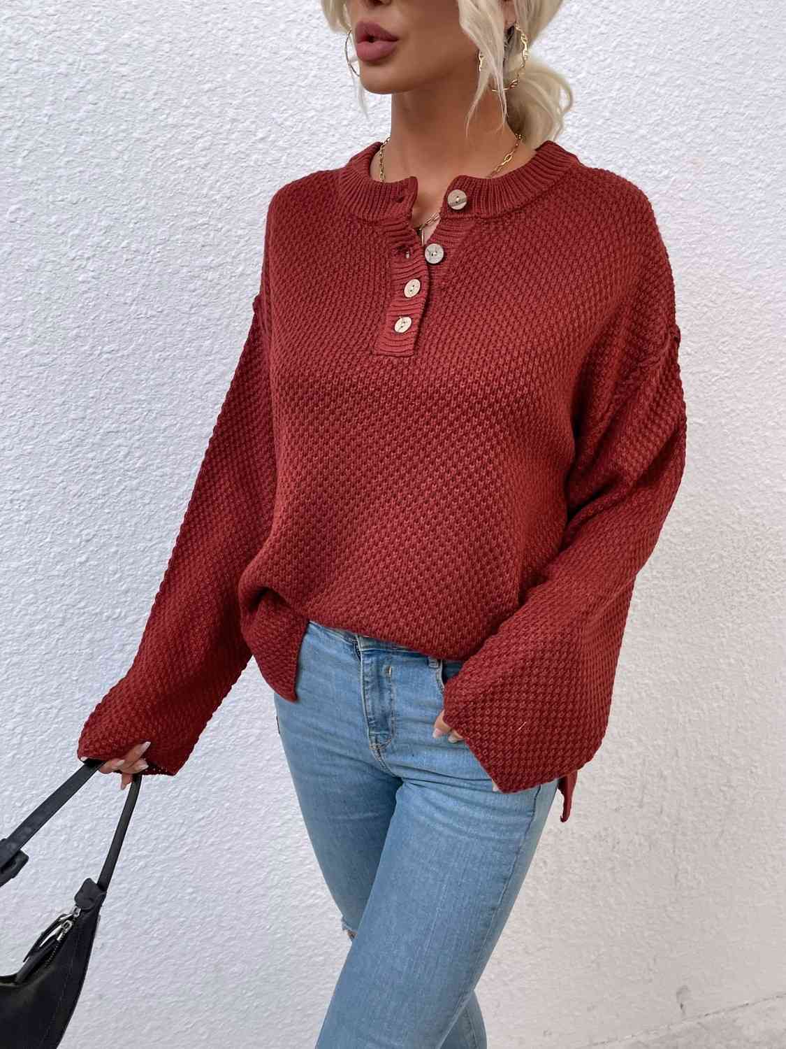 Quarter-Button Slit Sweater