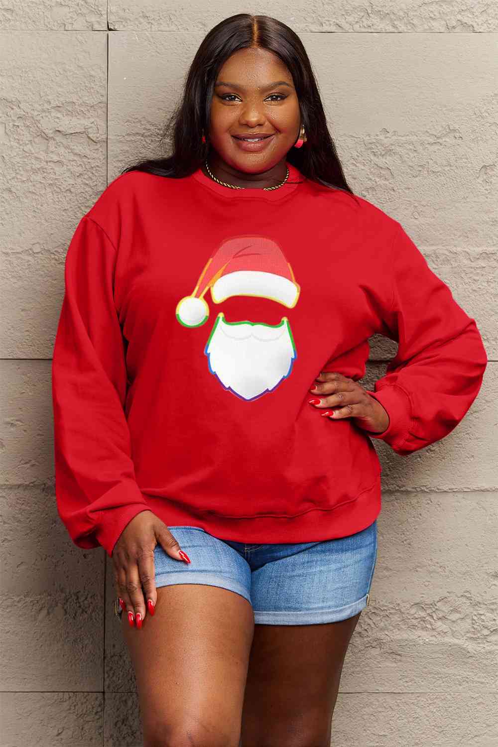 Simply Love Full Size Rainbow Christmas Santa Graphic Round Neck Sweatshirt