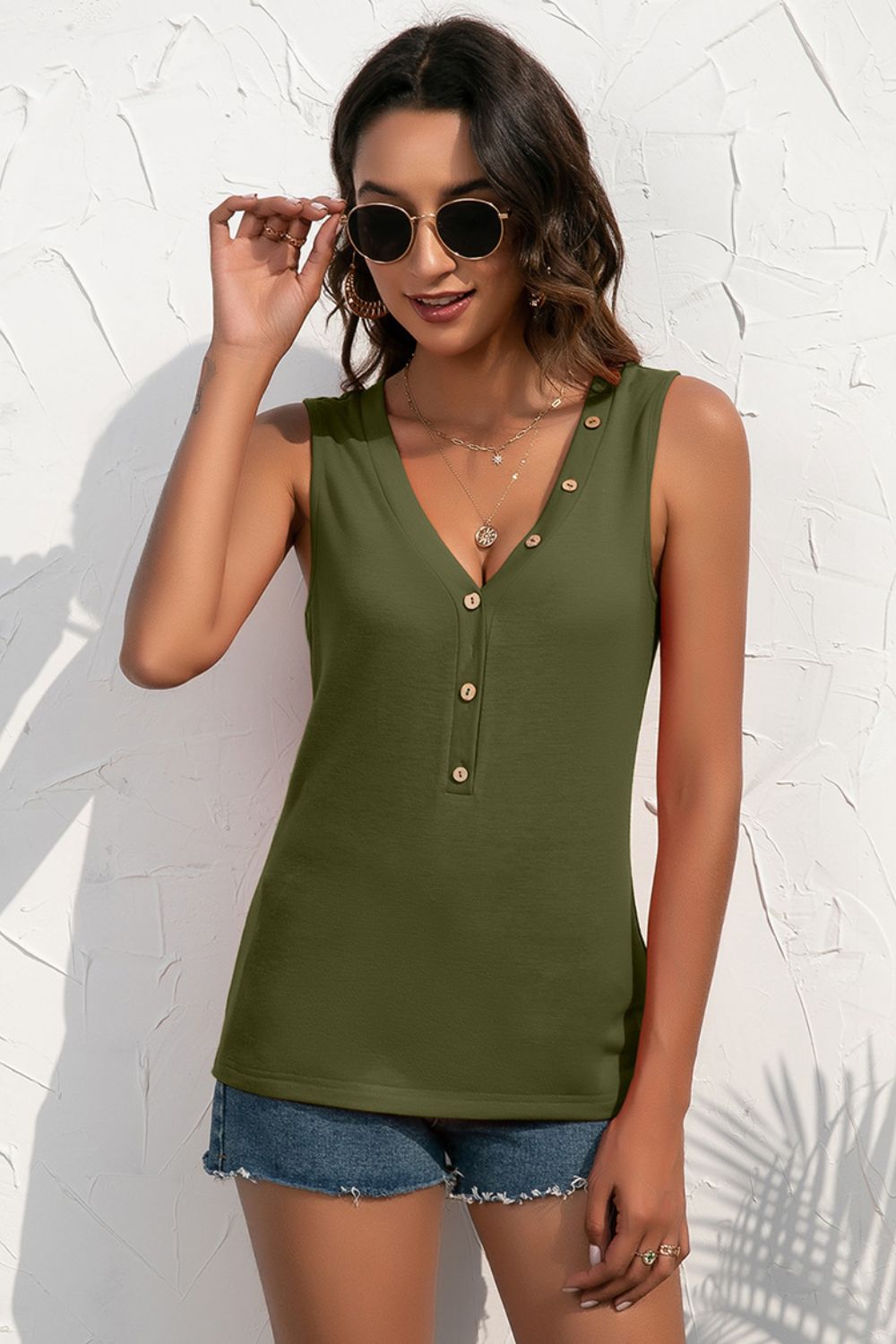 Women's Buttoned Deep V Tank