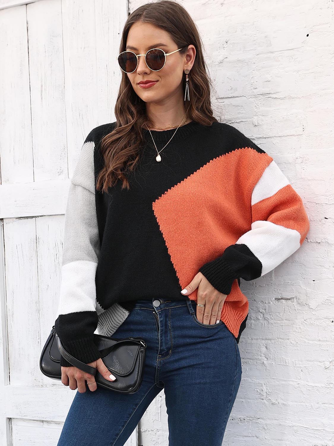 One Size Color Block Round Neck Sweater