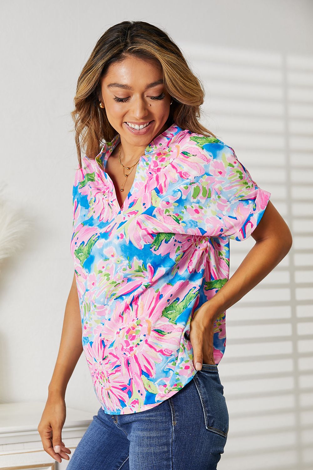 Double Take Floral Multicolored Notched Neck Short Sleeve Top