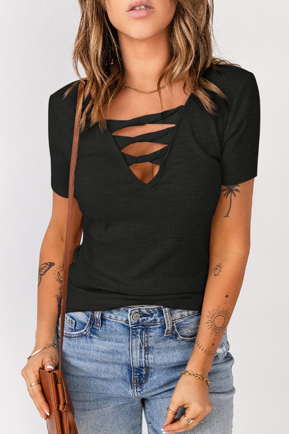 Full Size Strappy Ribbed Knit T-Shirt