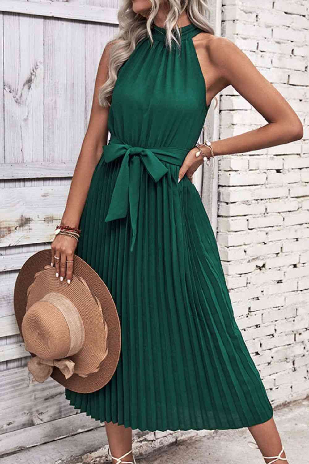 Forest Green Tie Belt Pleated Midi Dress