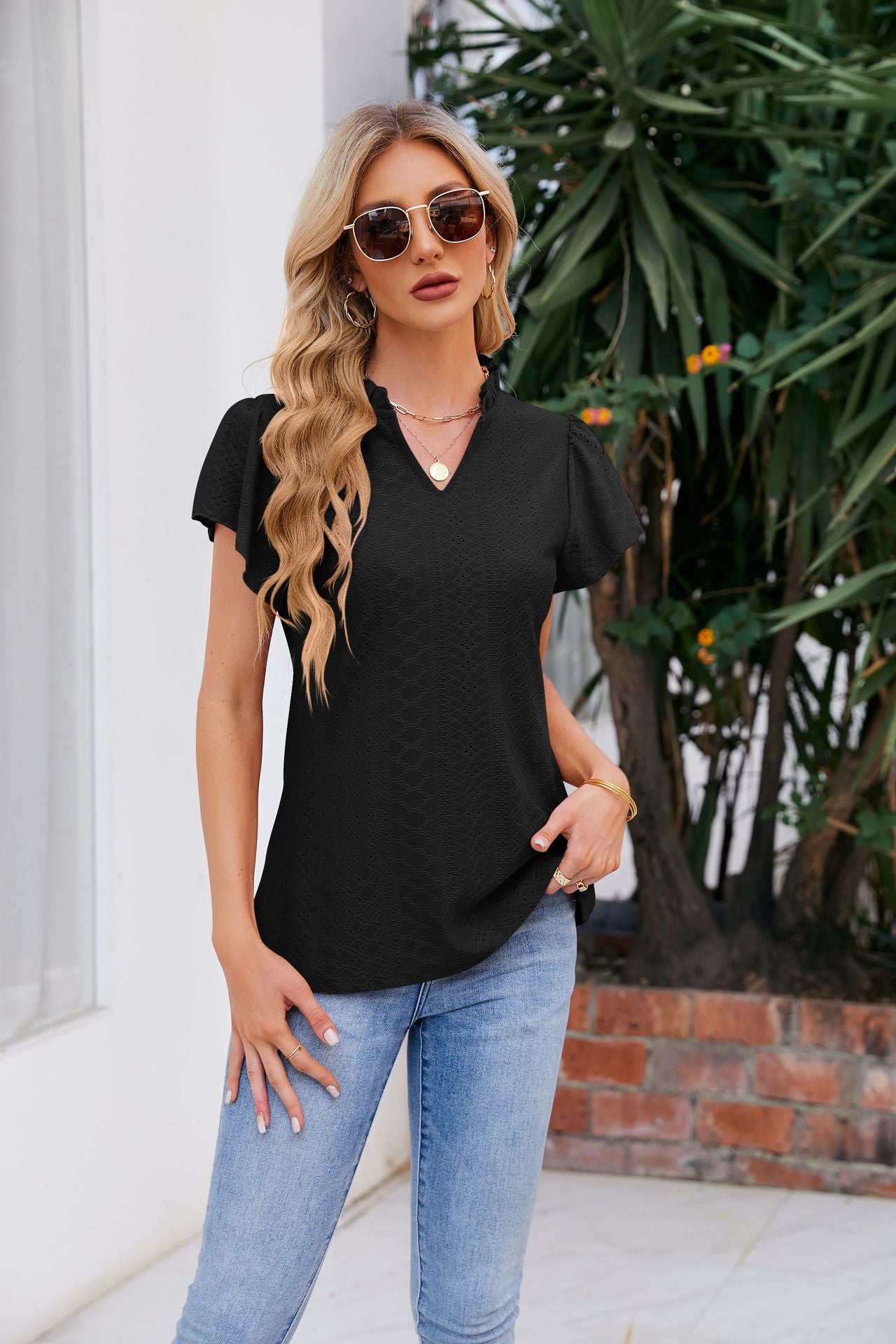 Women's Full Size Notched Neck Puff Sleeve Blouse