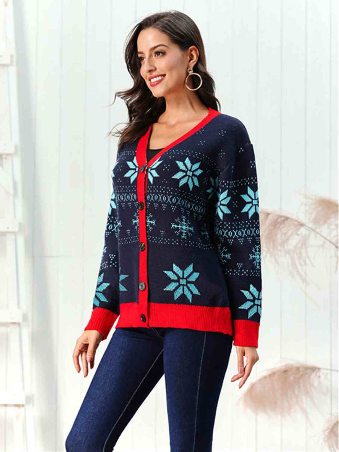 ModDanzyCloset Dark Navy Christmas Snowflake Pattern Button Down Cardigan