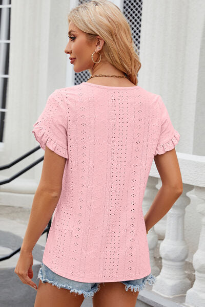 Eyelet Round Neck Petal Sleeve T-Shirt