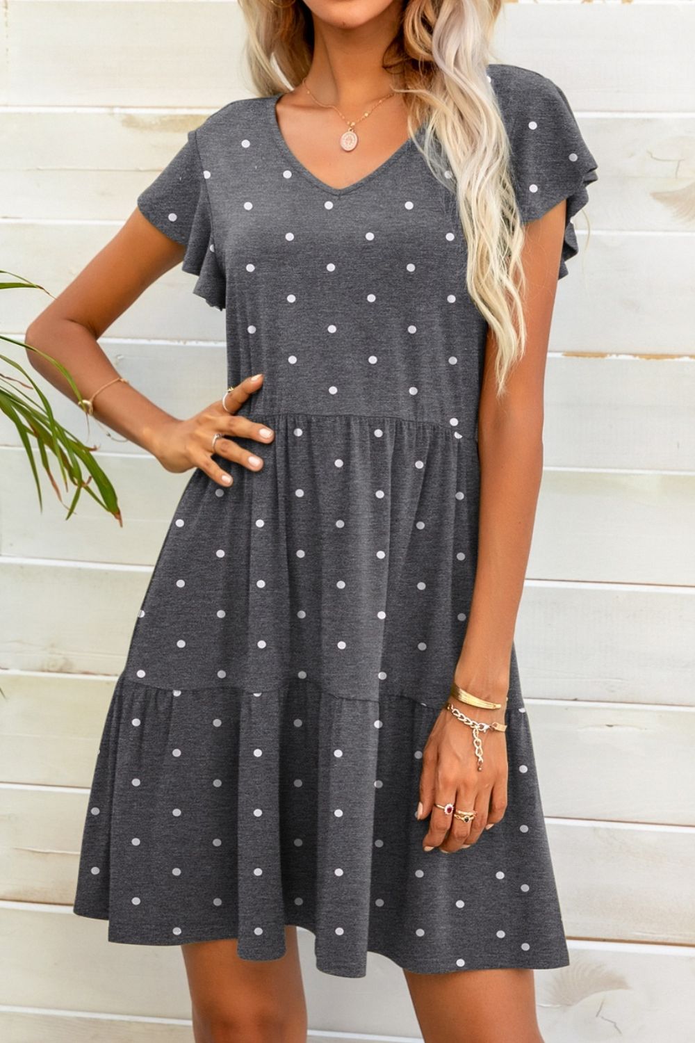 Full Size Polka Dot V-Neck Flutter Sleeve Mini Dress