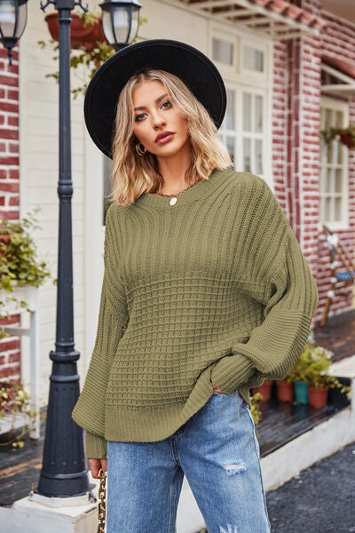 SoCozy Ribbed Drop Shoulder Lantern Sleeve Sweater