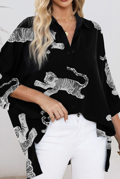 Women's Celeste Tiger Pattern Button Up Long Sleeve Shirt