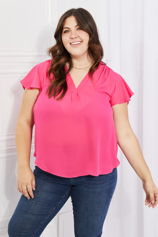 Malibu Dreams Sew In Love Just For You Full Size Short Ruffled sleeve length Top in Hot Pink