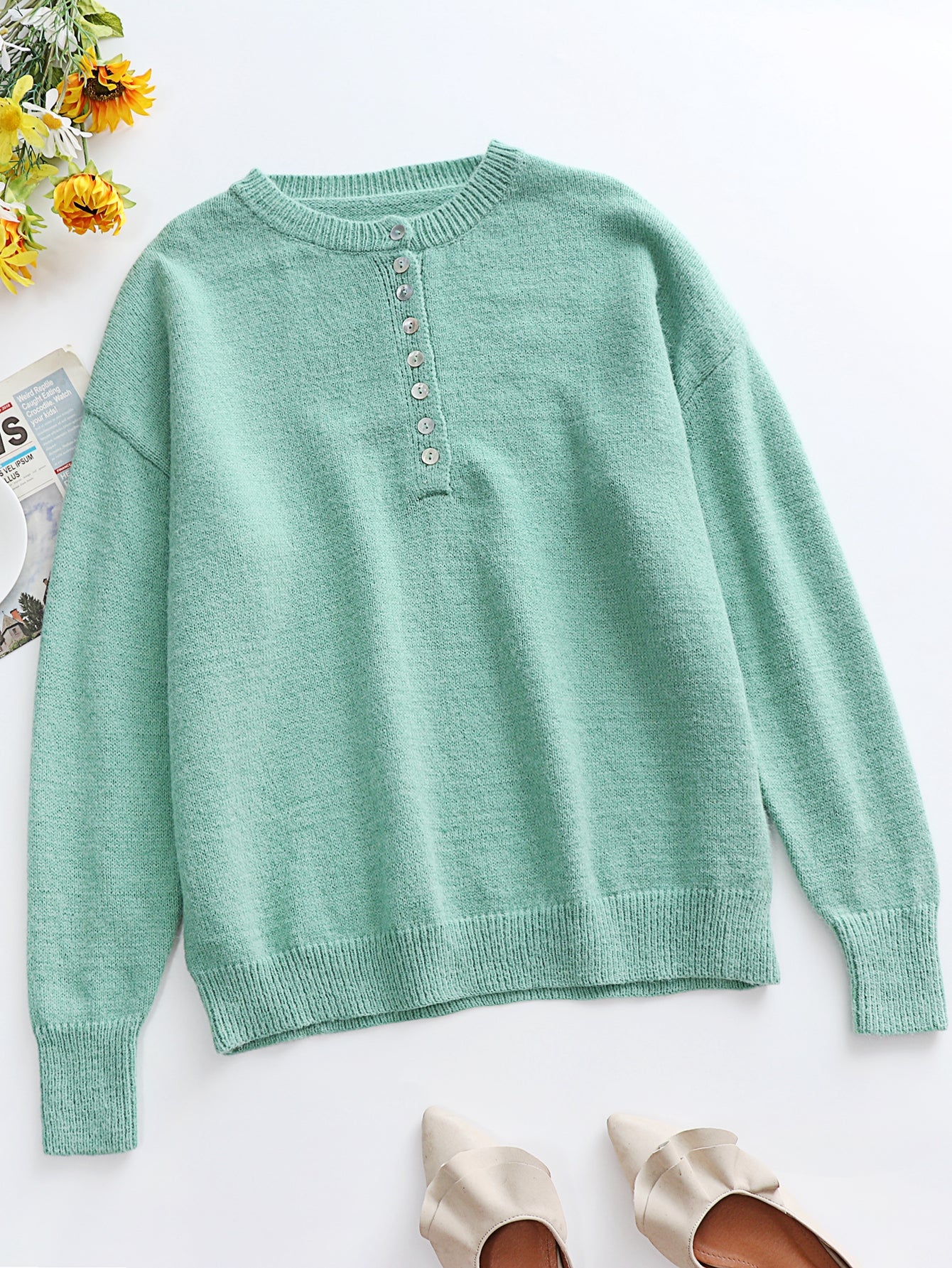 Women's Half Button Long Sleeve Henley Sweater