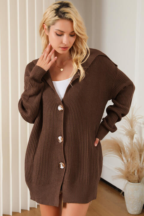 Chestnut Brown V-Neck Button Down Dropped Shoulder Cardigan