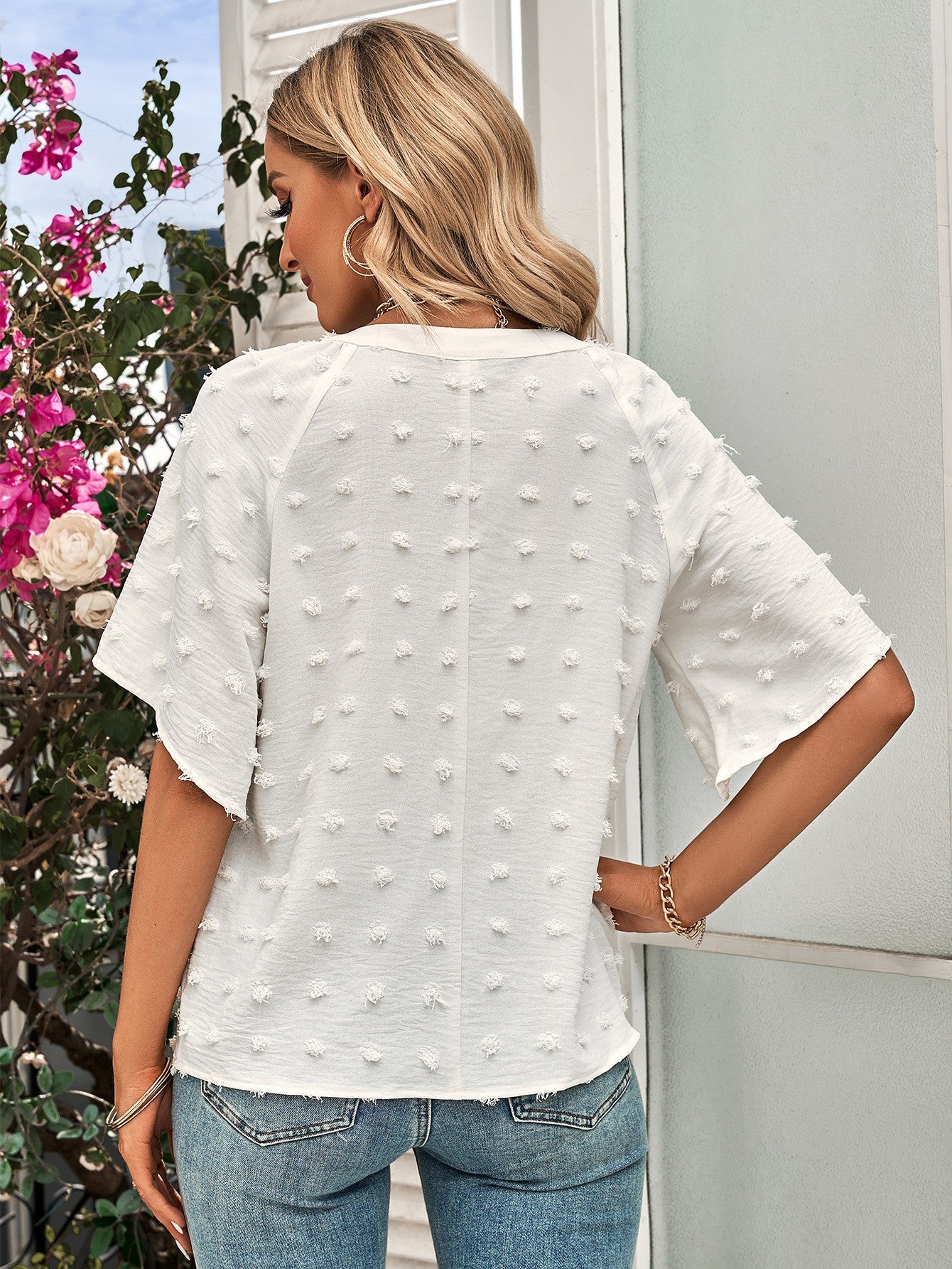 Swiss Dot Notched Neck Flare Sleeve Blouse