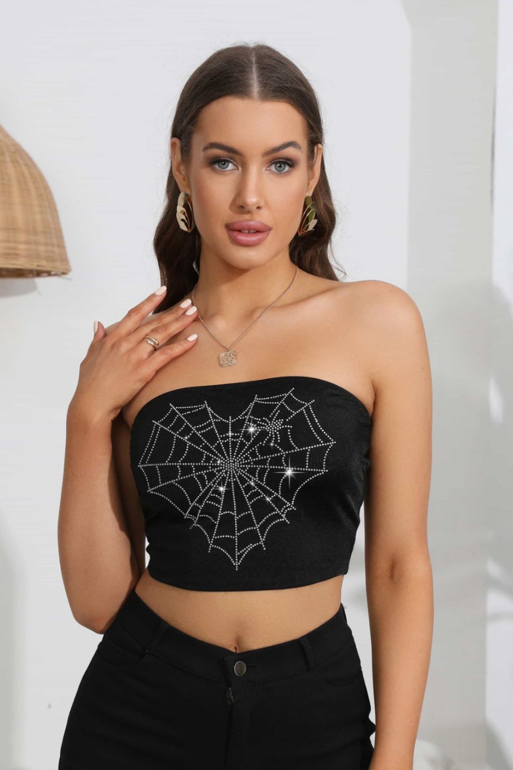 Heart Spider Web Graphic Tube Top with Rhinestones in Black