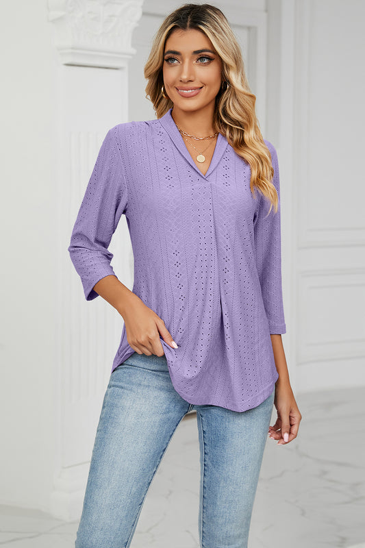 Full Size Eyelet Three-Quarter Sleeve Blouse